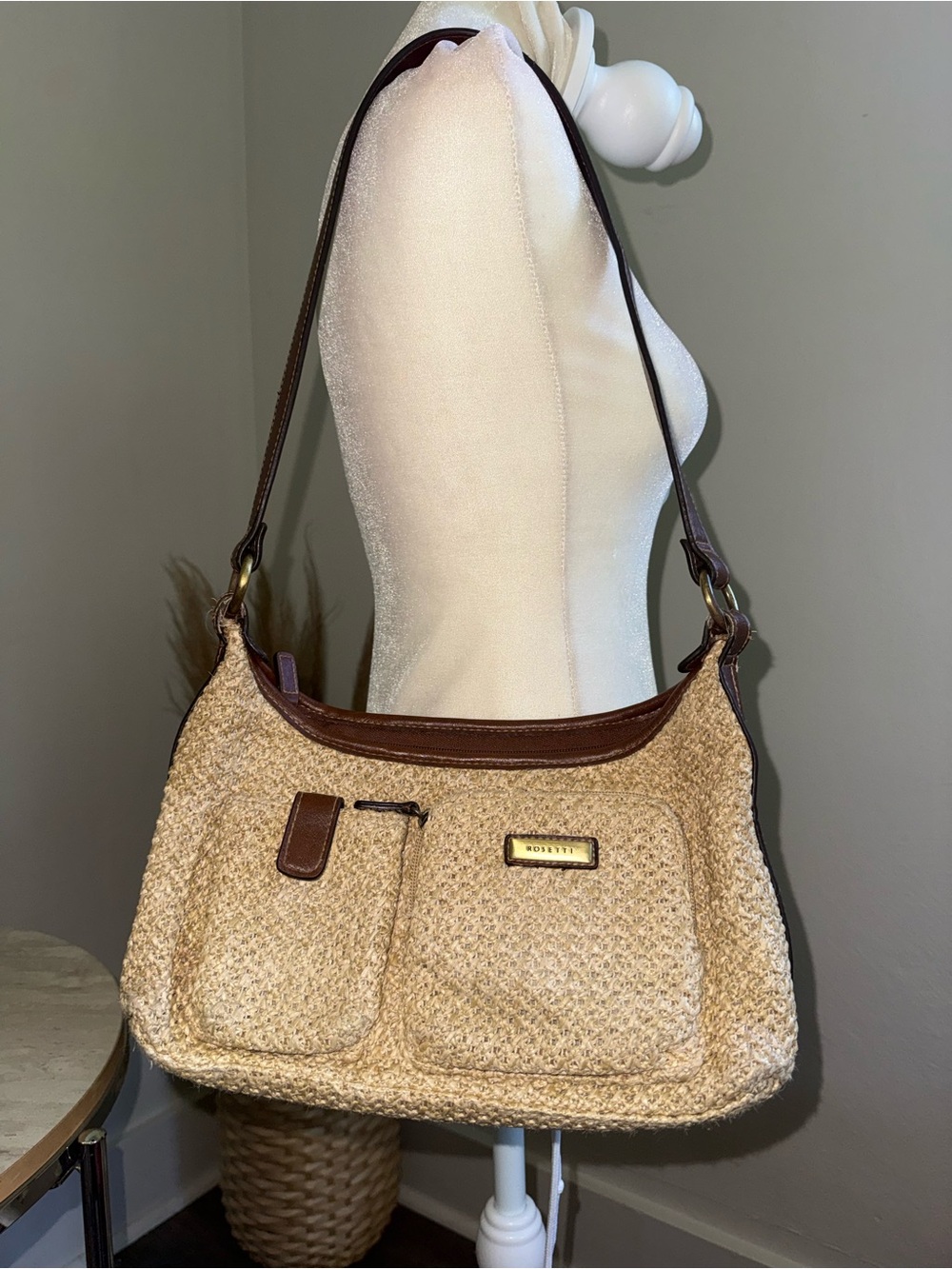 Rosetti Tan Woven Shoulder Bag with Brown Trim and Strap